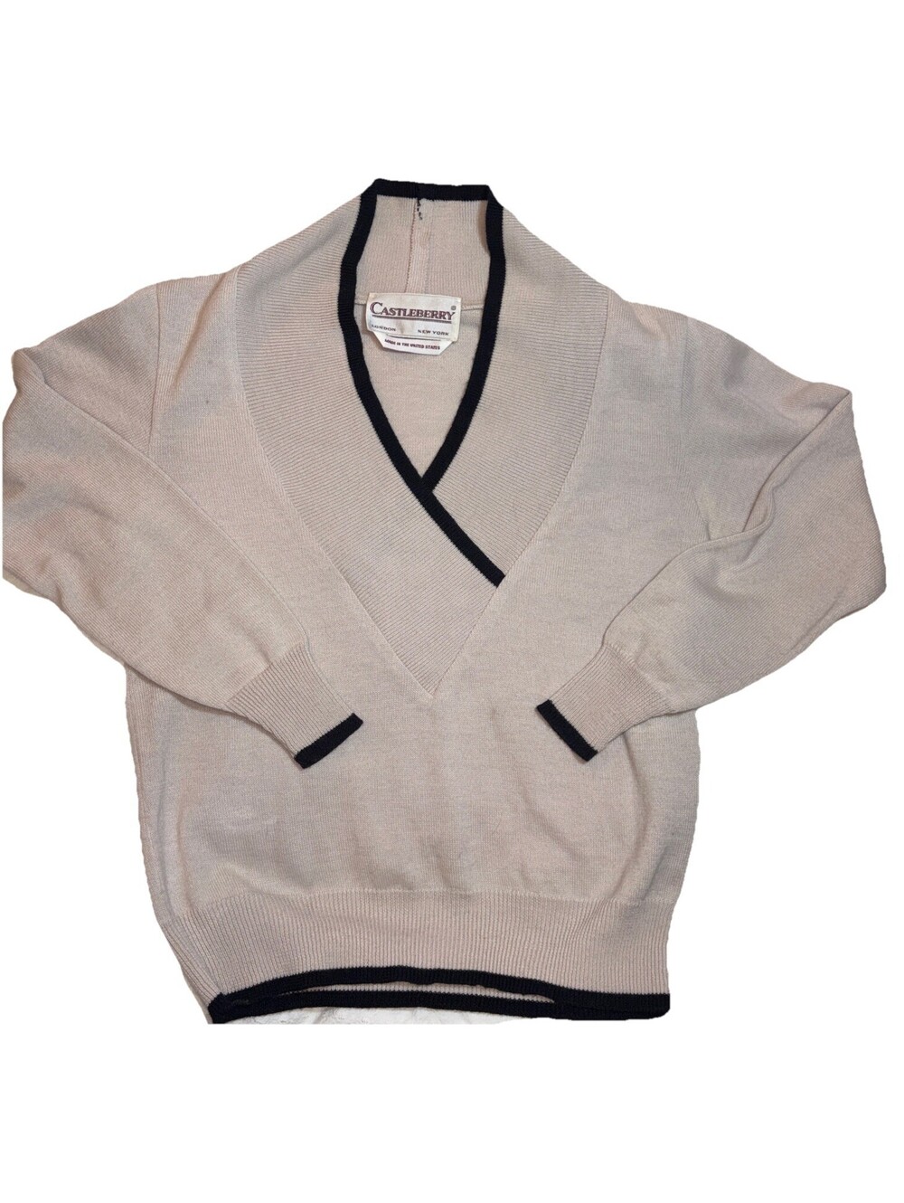 Vintage Castleberry London  Wool Blend Beige Black V Neck Knit Sweater Size 6
